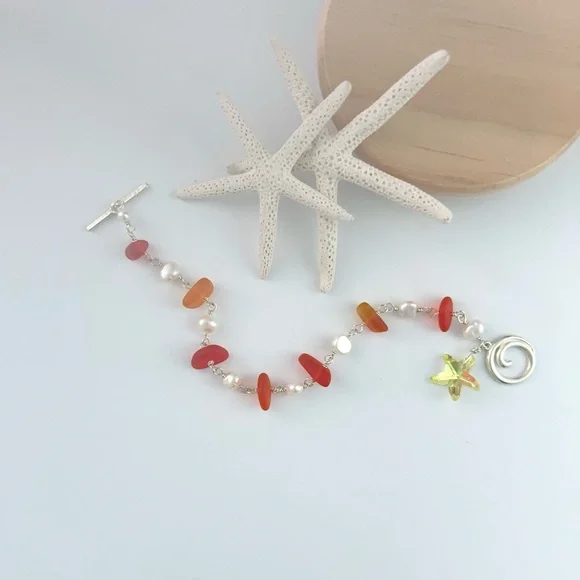Handcrafted Ocean Inspired Orange Sea Glass FW Pearls Bracelet Wave … - Picture 2 of 2